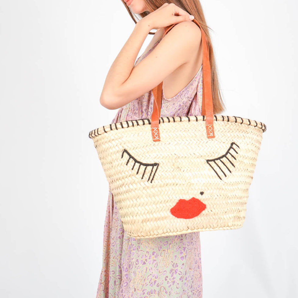 French market bag, Straw bag with leather handle, Beach bag