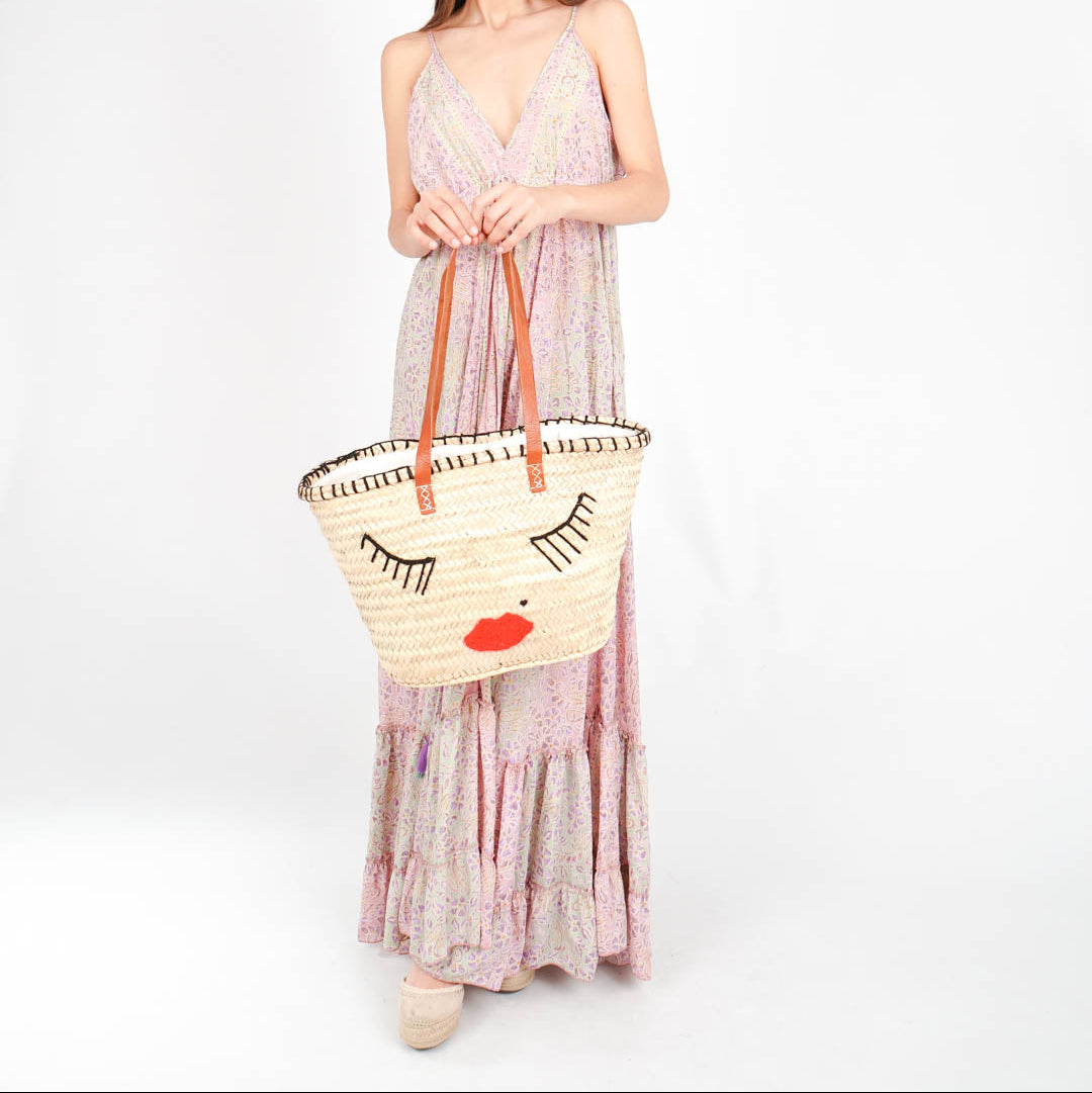 French market bag, Straw bag with leather handle, Beach bag