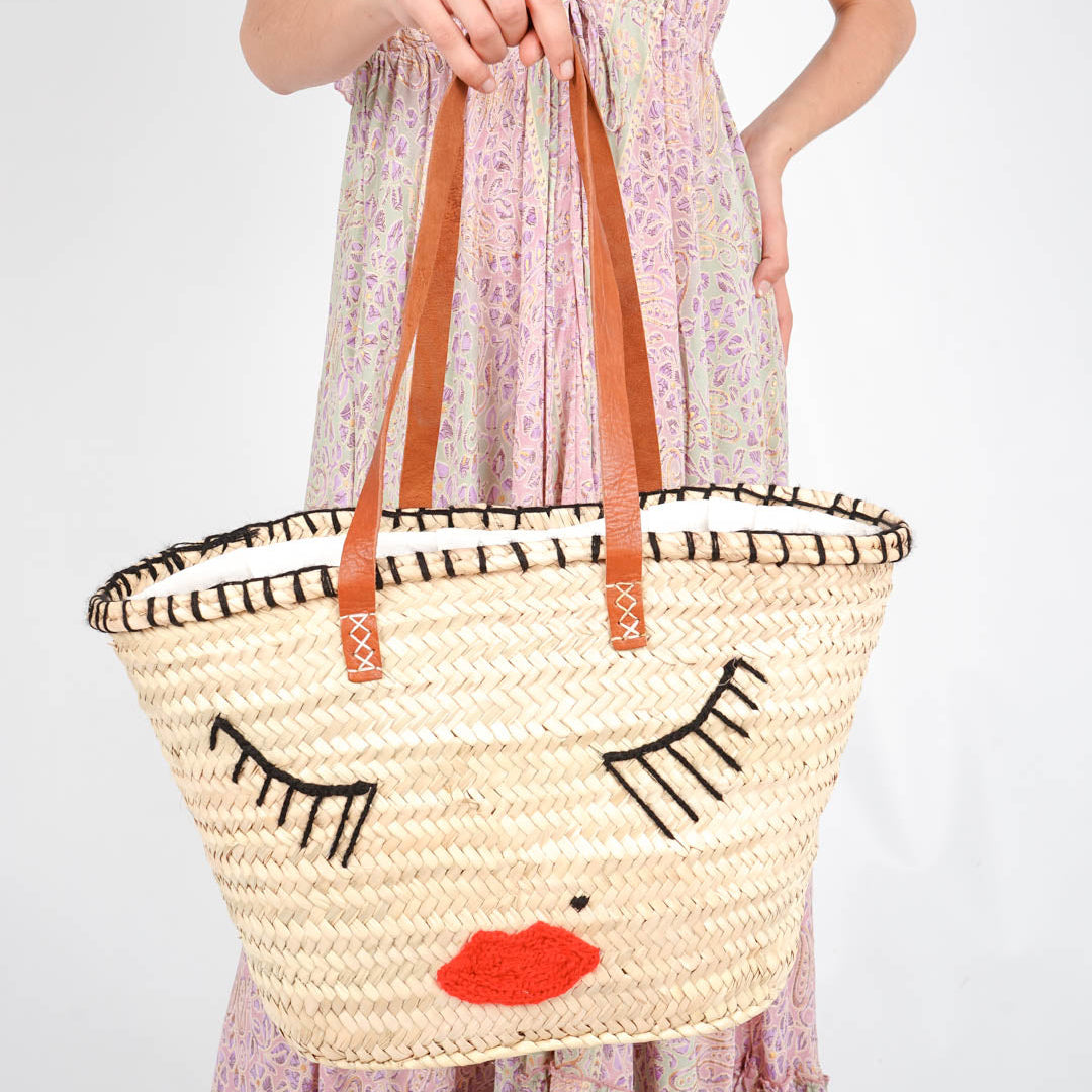 French market bag, Straw bag with leather handle, Beach bag