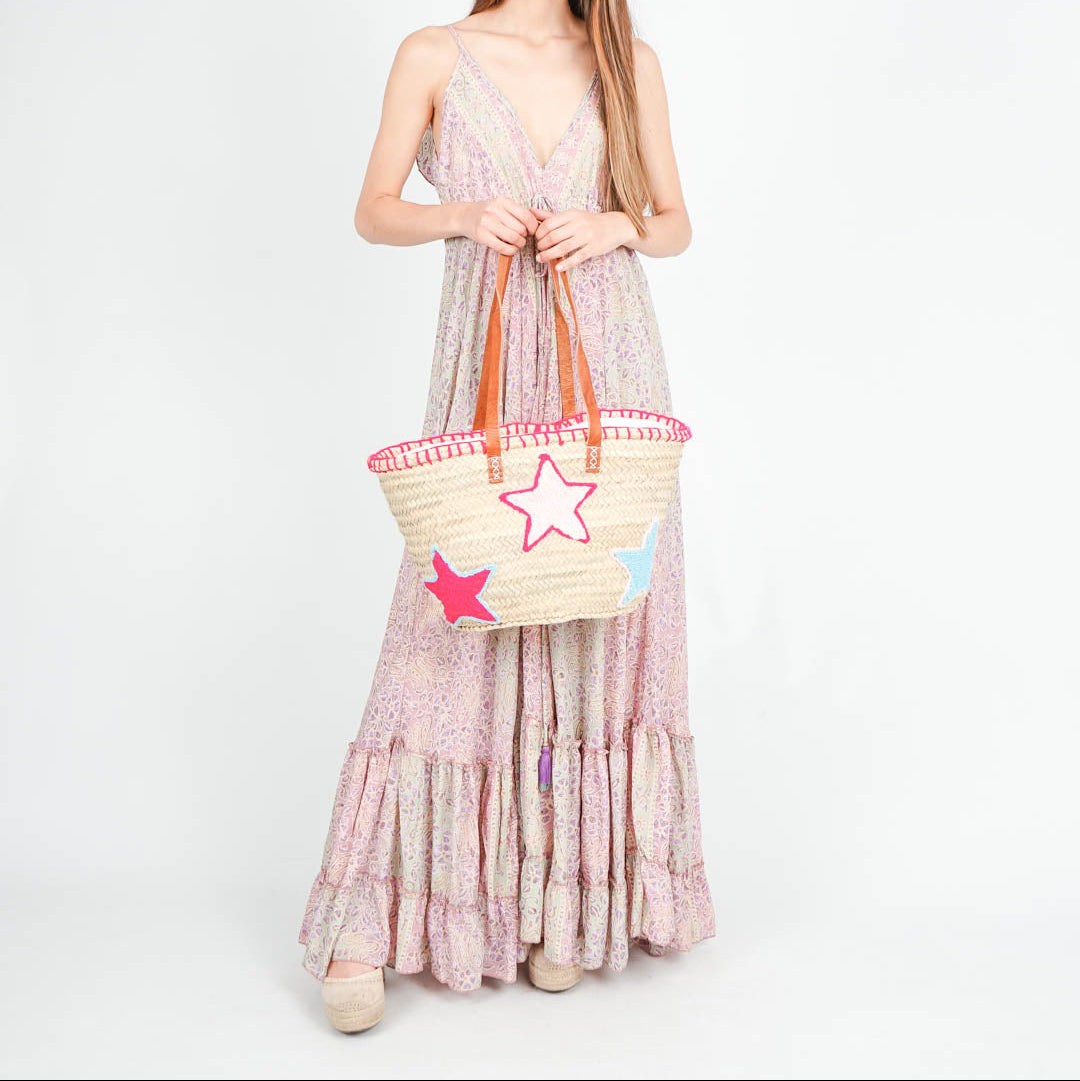French market bag, Straw bag with leather handle, Beach bag