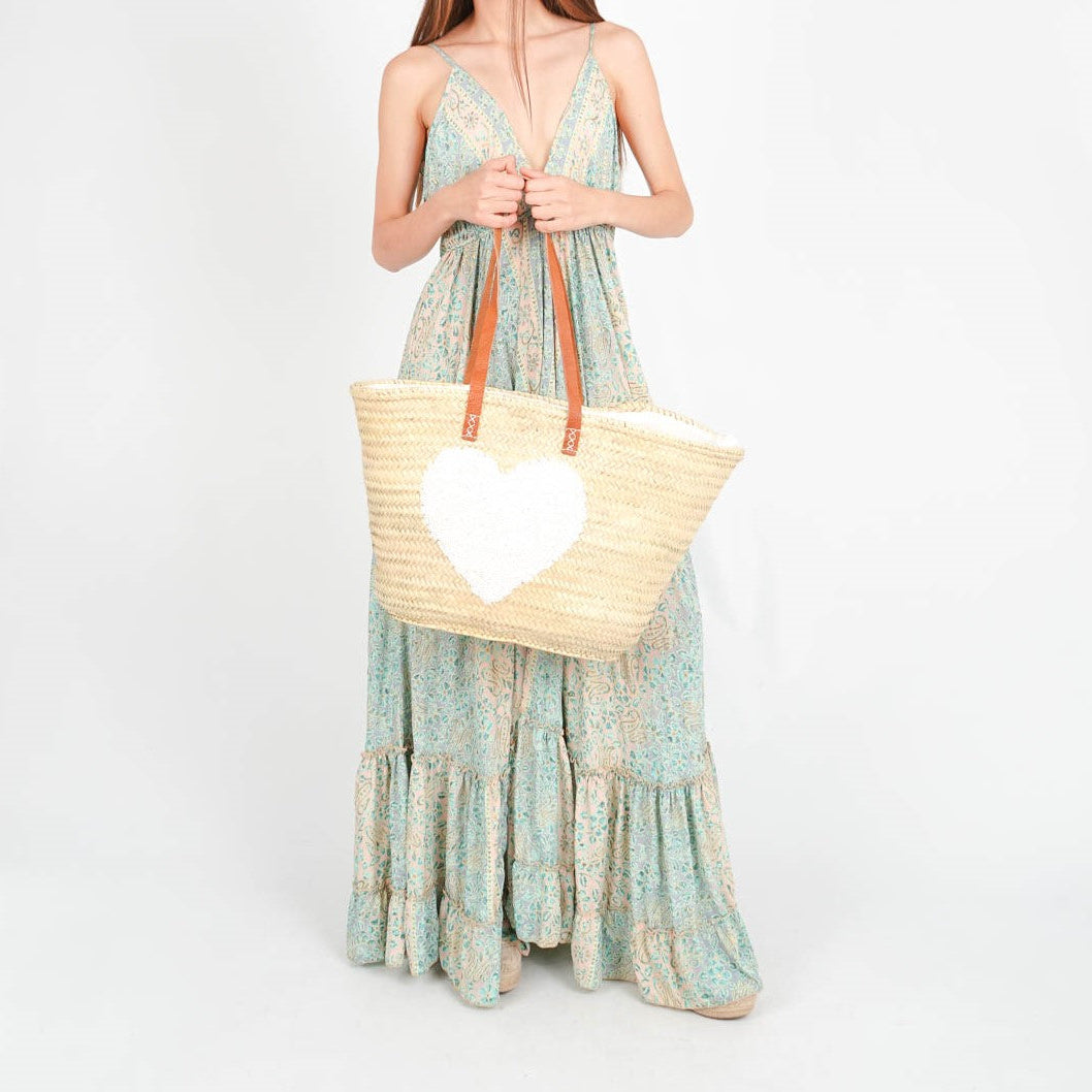French market bag, Straw bag with leather handle, Beach bag