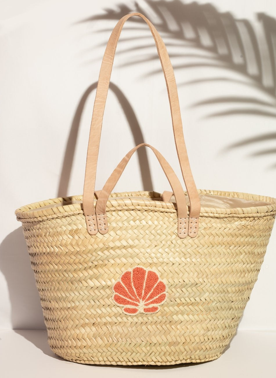 French market bag, Straw bag with leather handle, Beach bag