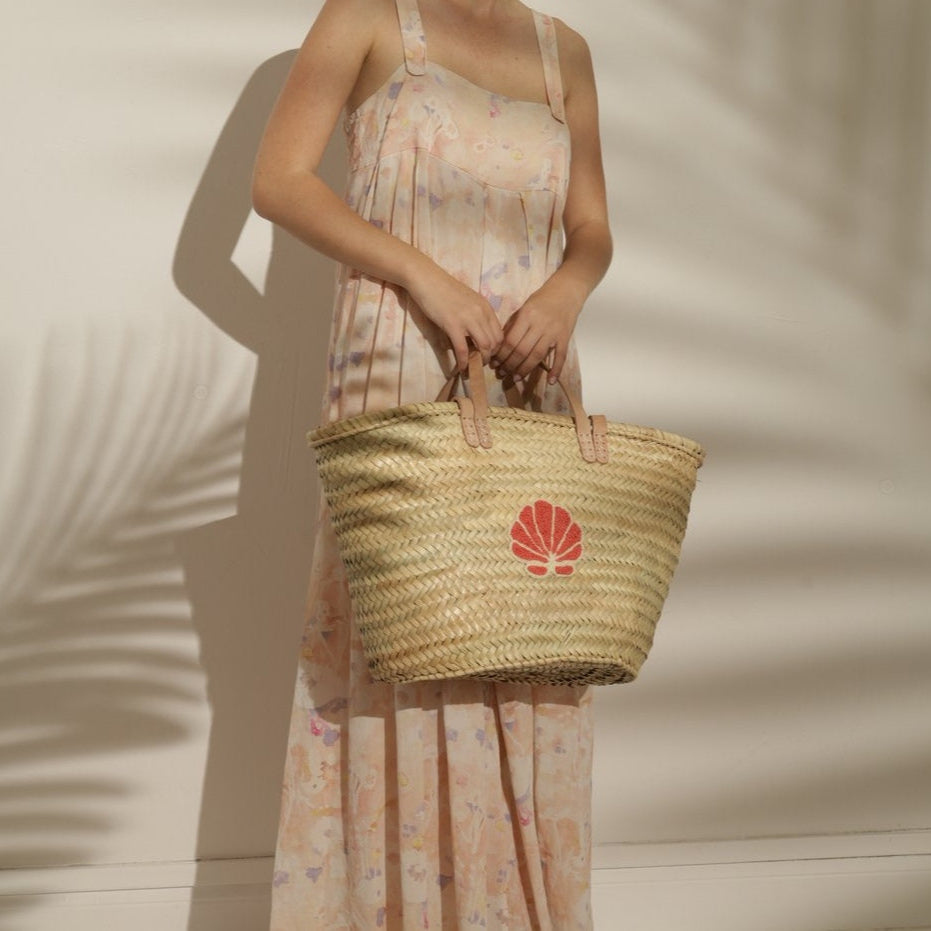 French market bag, Straw bag with leather handle, Beach bag