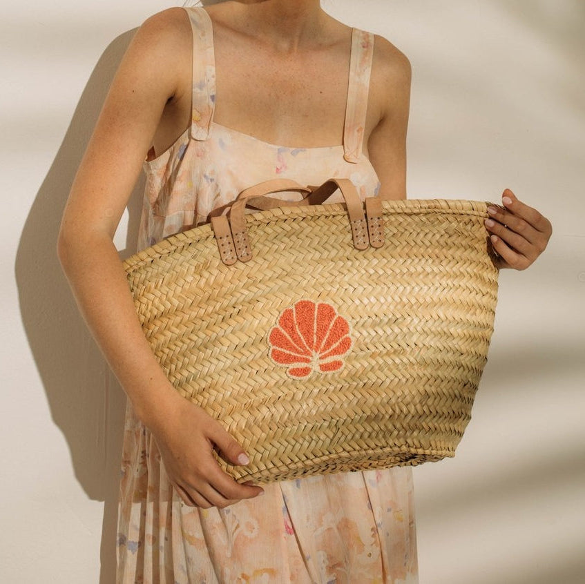 French market bag, Straw bag with leather handle, Beach bag