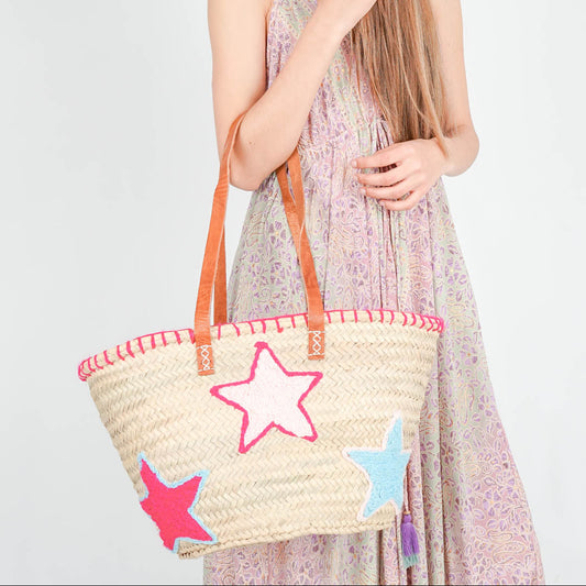 French market bag, Straw bag with leather handle, Beach bag