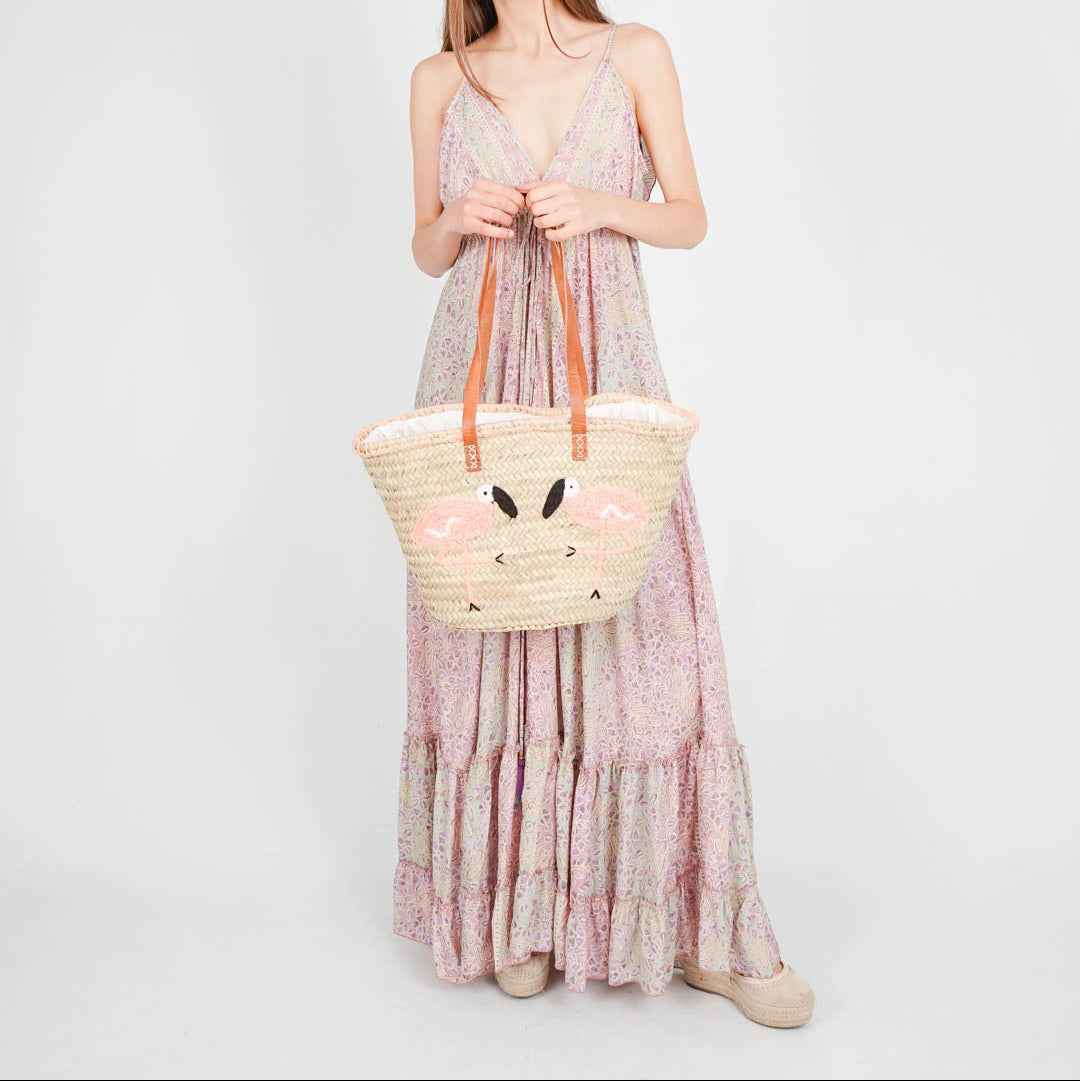 Boho Straw Beach Bag – Handcrafted Palm Leaf Tote with Leather Handles